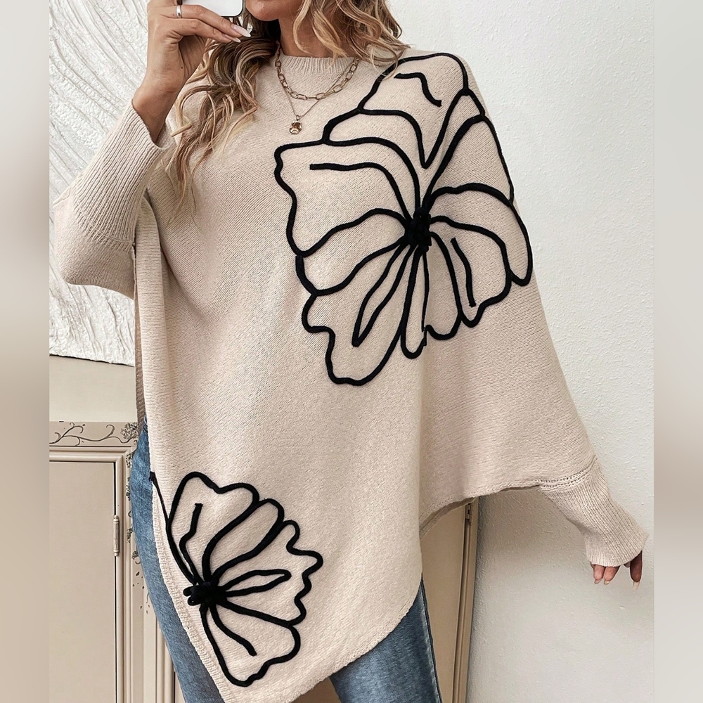Floral Pattern Batwing Sleeve Asymmetrical Hem Sweater - Picture 5 of 5